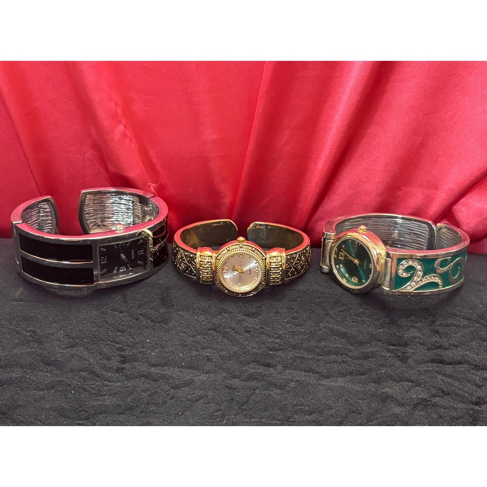 Lot of 3 Womens Cuff Bangle Watches Vivani Silver Gold Green Black Quartz Set